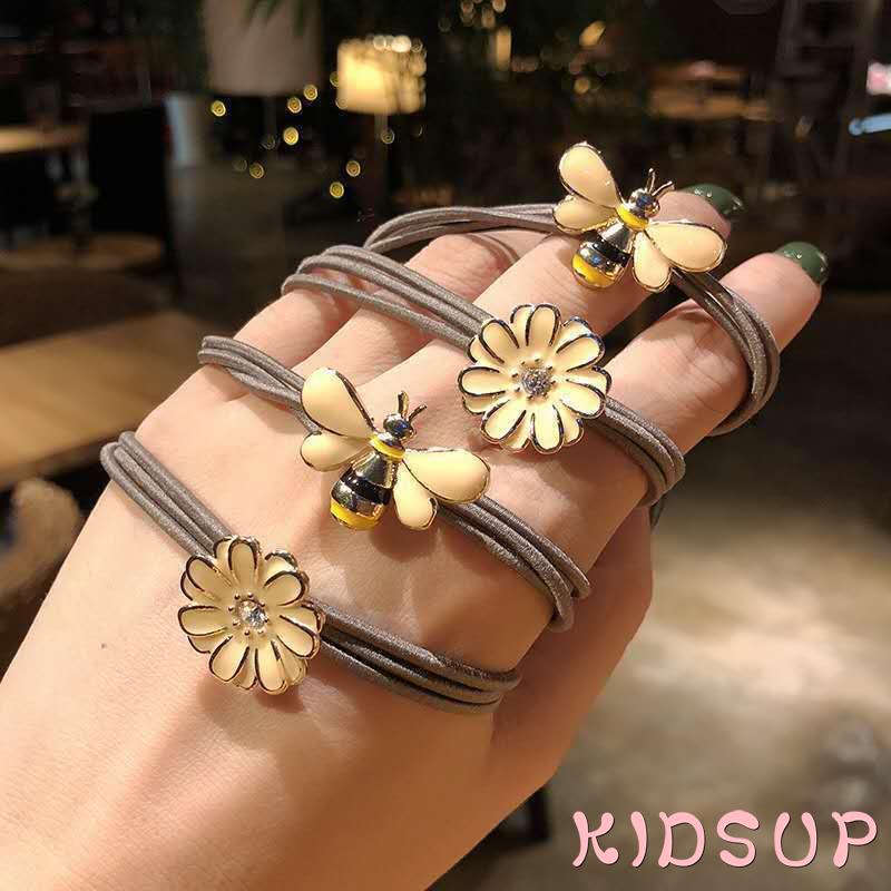 Dây buộc tóc đuôi ngựa co giãn trang trí hình hoa cúc/con ong bằng hợp kim dành cho bạn gái
