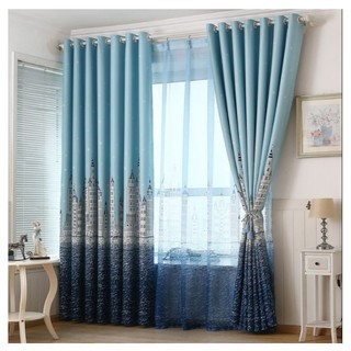 Rèm vải treo cửa cao cấp khổ cao 2.7m - lâu đài trắng nền xanh dương BBM016