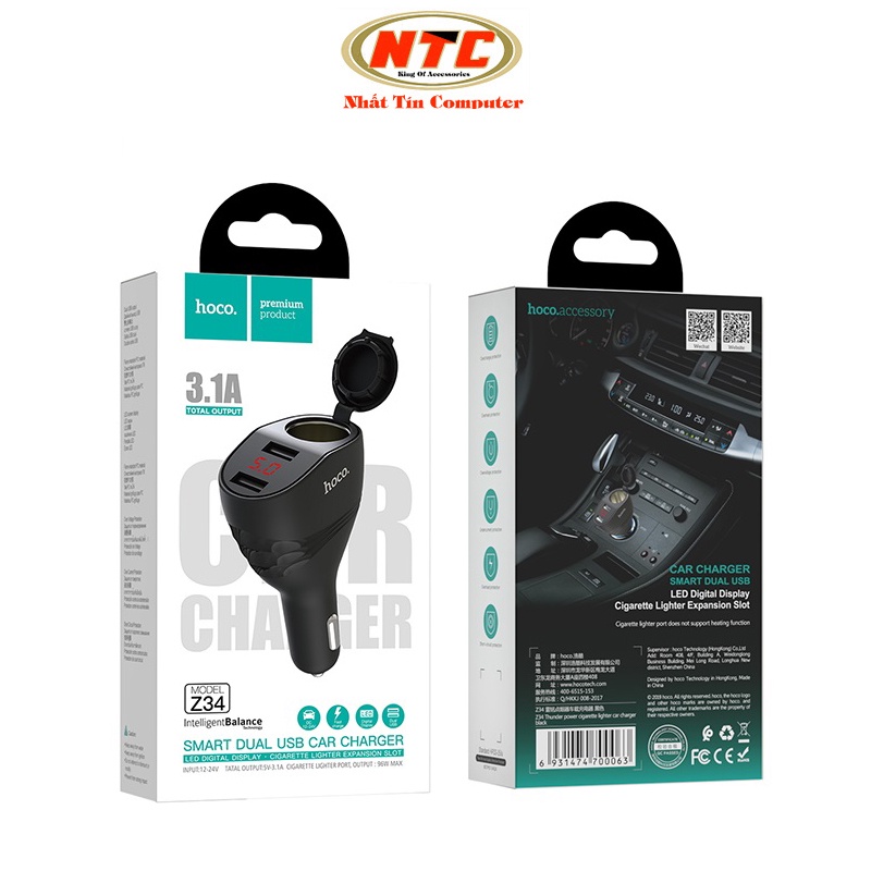Tẩu sạc xe hơi ô tô Hoco Z34 tích hợp 2 cổng USB 3.1A và khe tẩu 96W - có màn hình LCD (nhiều màu) nhattin_flagship_stor
