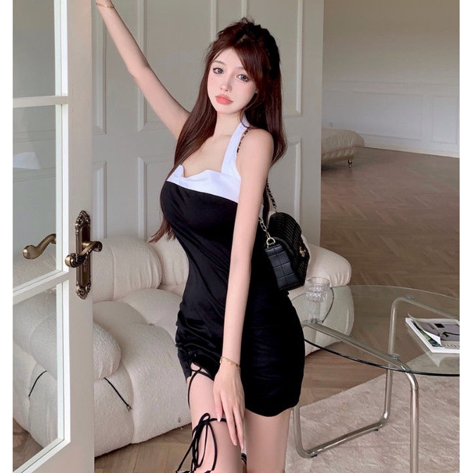 Bandage hanging neck suspender dress female summer spice girl design sense drawstring skirt temperament one-step hip wra