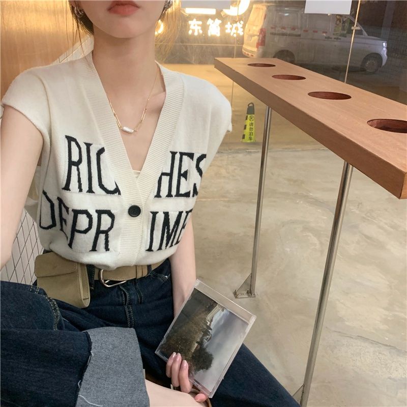Korean style retro letter fine knit sleeveless breasted loose tank top