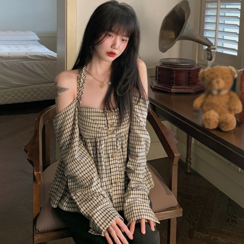 Áo Sơ Mi Tay Dài Dáng Rộng Trễ Vai Họa Tiết Sọc Caro Phong Cách Vintage Hàn Quốc