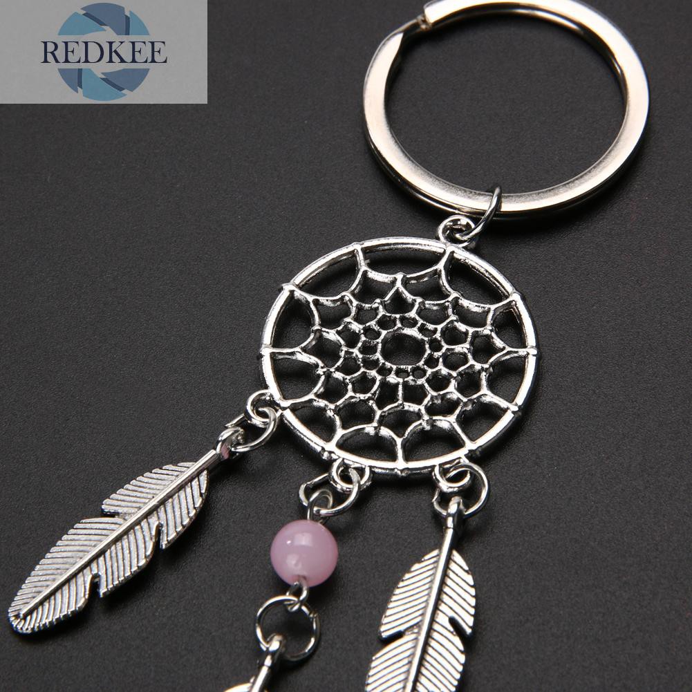 Móc Khóa Hình Dream Catcher Màu Bạc Phối Lông Vũ Tua Rua