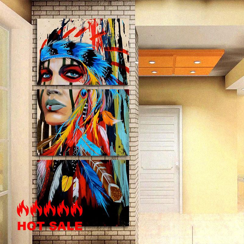 Set 3 tranh vẽ sơn dầu thổ dân Châu Mỹ trang trí nhà cửa chống nước