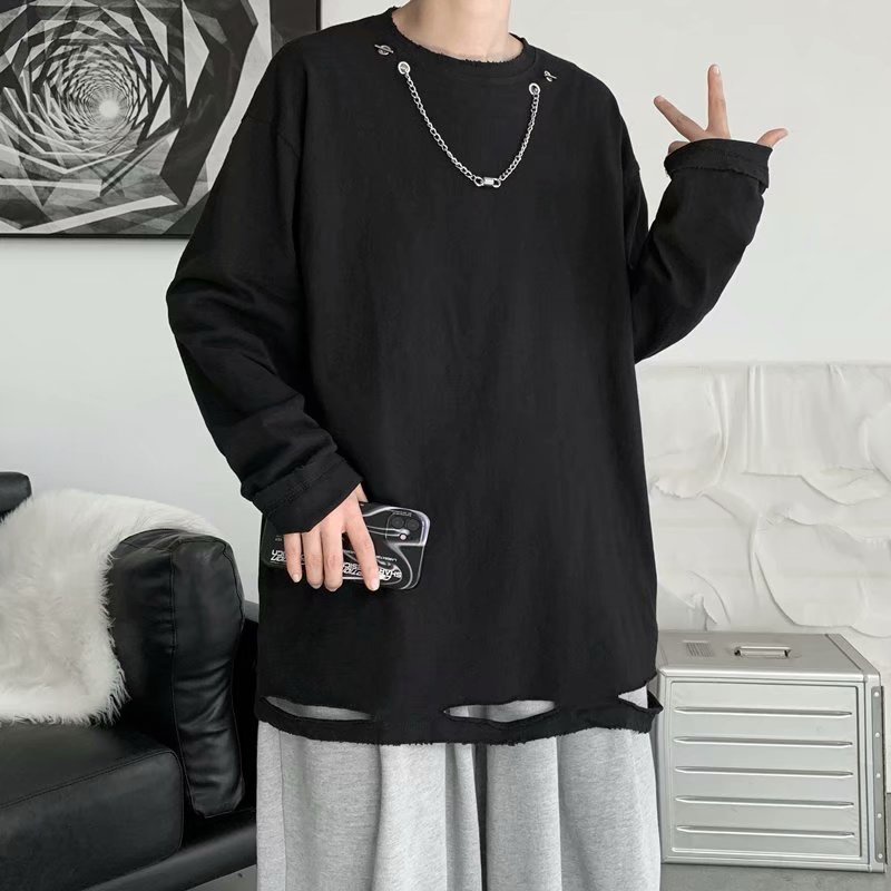 Áo sweater dành cho nam tay dài cổ tròn giả hai lớp dáng rộng thời trang mùa thu 2021