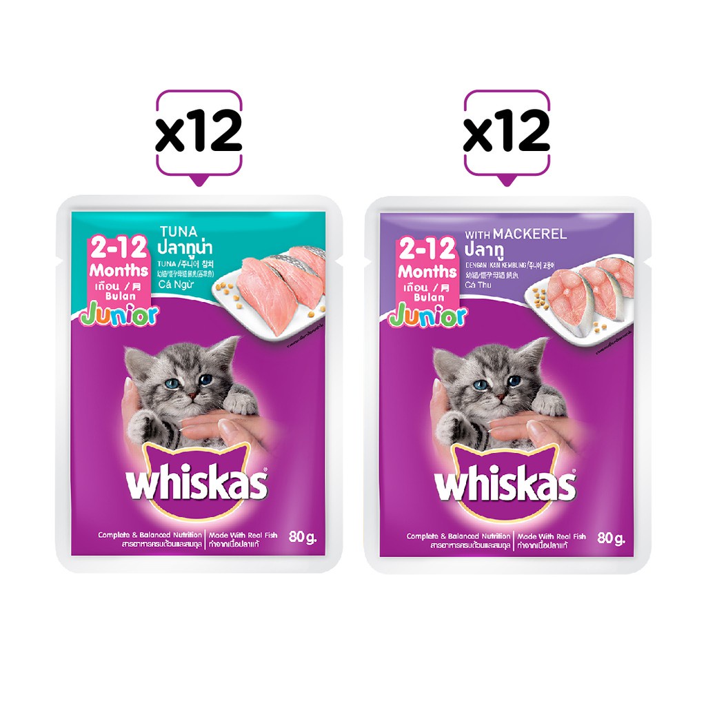 WHISKAS® Bộ thức ăn cho mèo con dạng sốt vị cá ngừ 80g + dạng sốt vị cá thu 80g (24 gói)