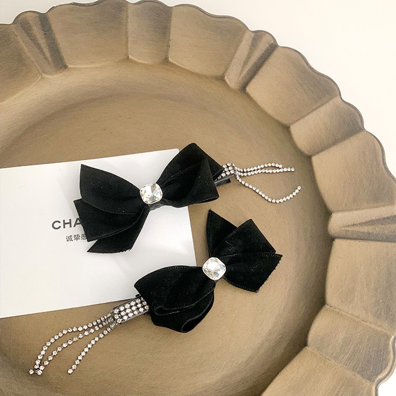 Kẹp Tóc Đính Đá Tua Rua Màu Đen Hình Nơ Handmade Dành Cho Nữ