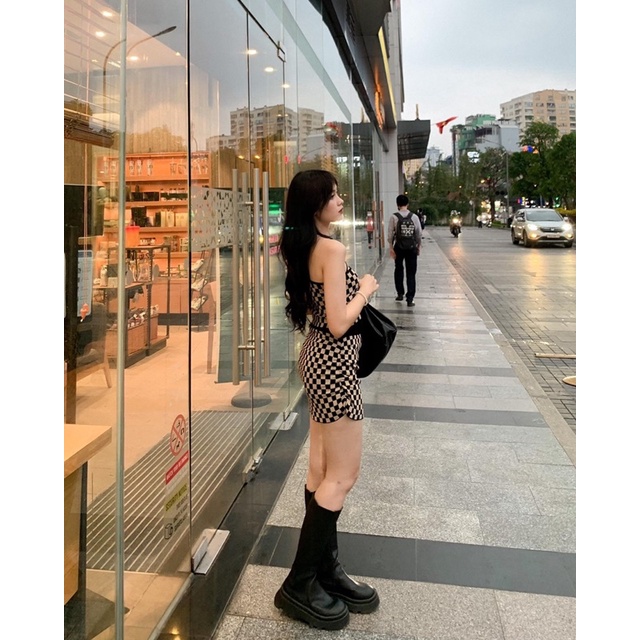 Set áo caro dây cổ chéo kèm chân váy S350 SUSTORE