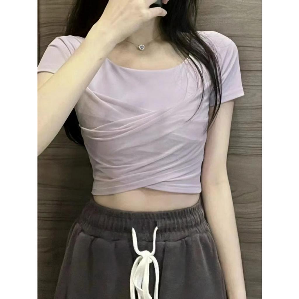 QOEDDV Áo Croptop Cổ Vuông Tay Ngắn Dáng Ôm Màu Tím Thời Trang Mùa Hè Dành Cho Bạn Nữ