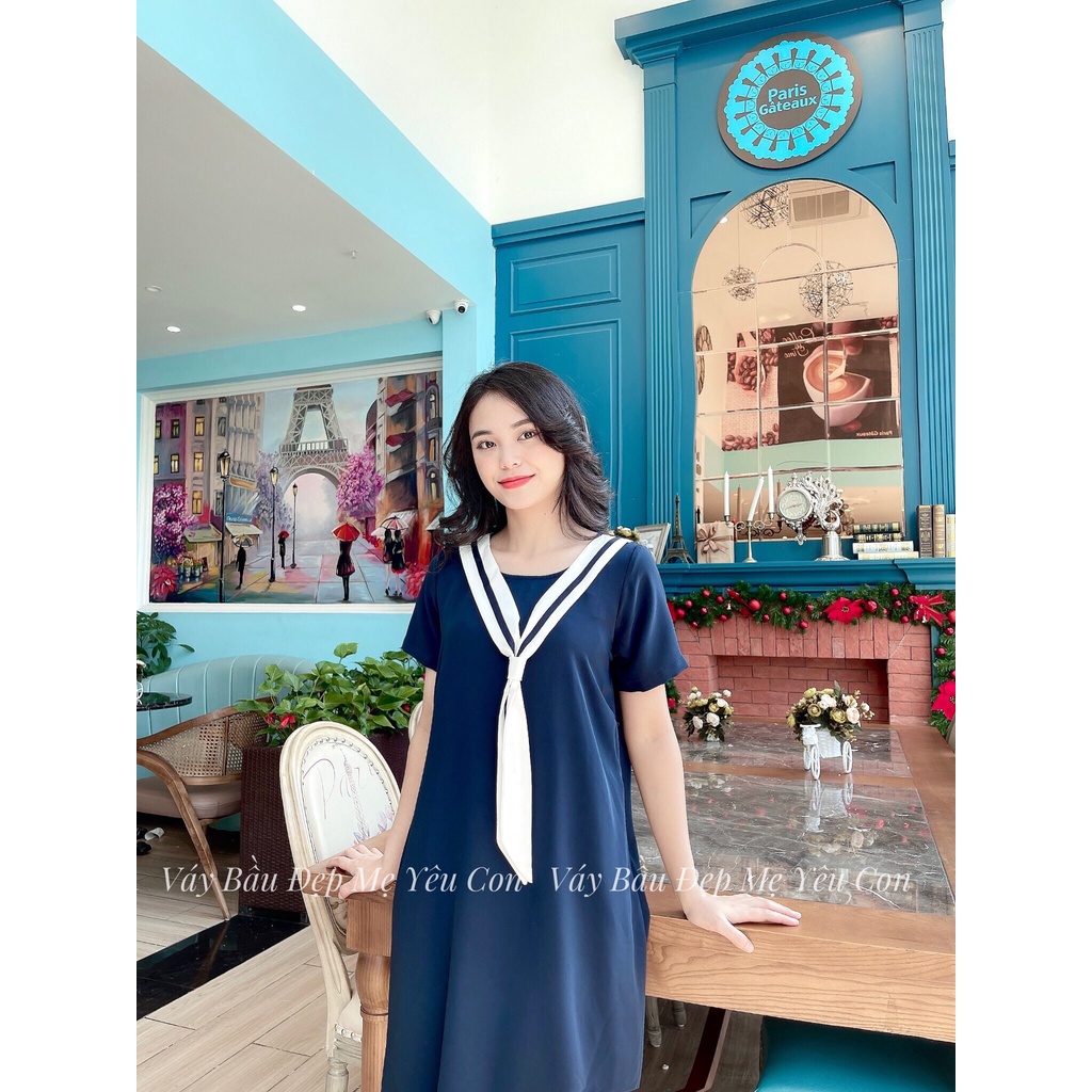 Váy Bầu Công Sở, Đầm Bầu xanh thủy thủ cộc tay MYC 1342
