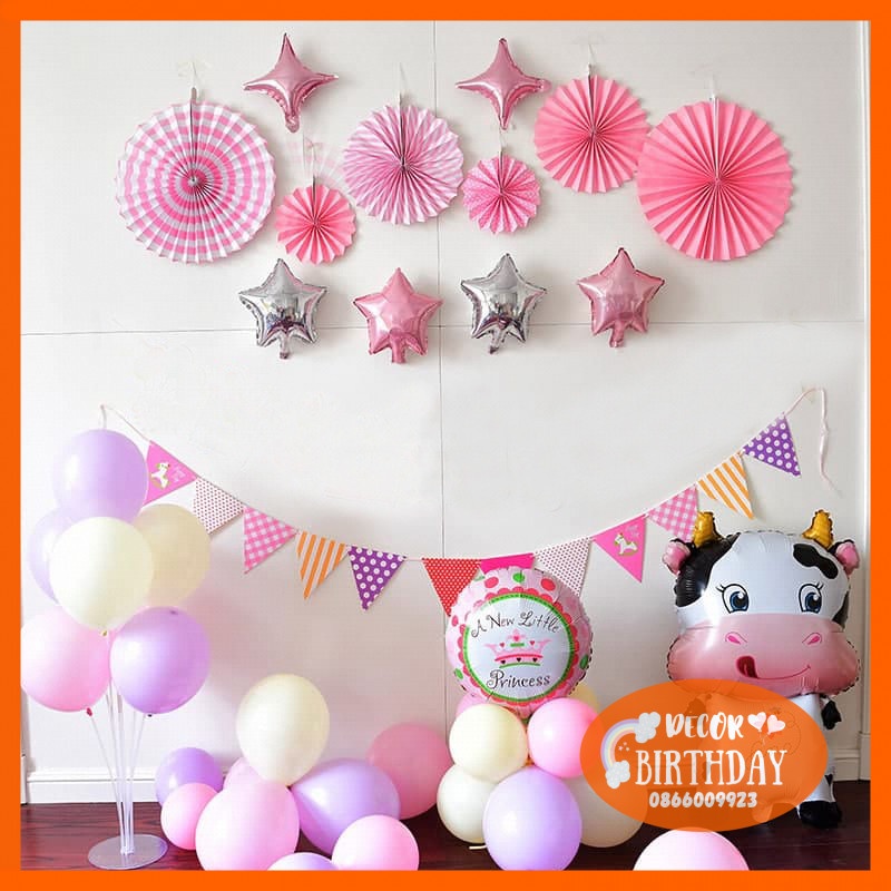 Set Trang Trí Sinh Nhật TUỔI TRÂU Cho Bé Gái, Bóng Y Hình Tặng Kèm Đồ Bơm Băng Dính Bóng