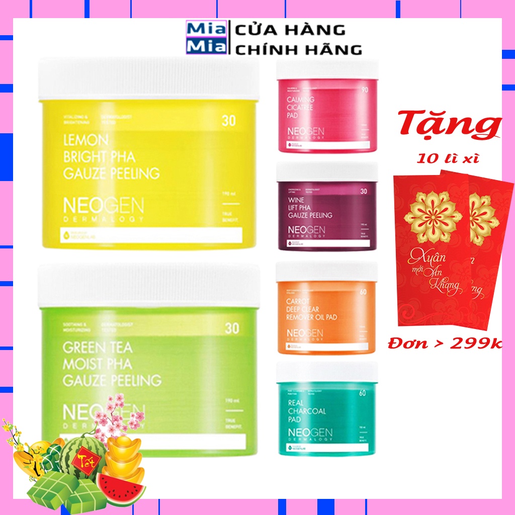 Miếng Tẩy Da Chết Neogen Tẩy Trang Neogen Gauze Peeling Chanh, Trà Xanh, Than Tre, Rau Má Cica, Carrot, Vang Đỏ