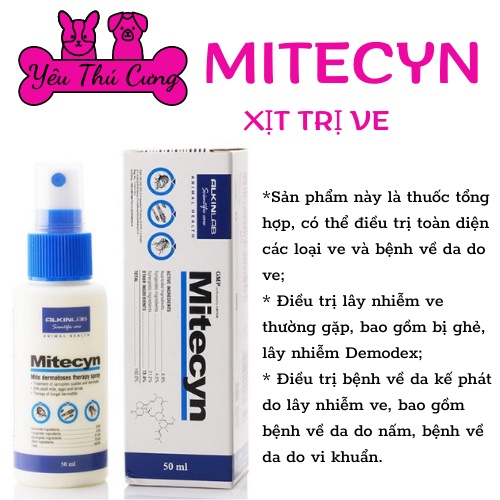 hai xịt Trị ve Nấm Viêm da Cho Chó Mèo Thú Cưng ALKINLAB MITECYN Chai 50ml Xuất xứ từ Anh Quốc-YÊU THÚ CƯNG