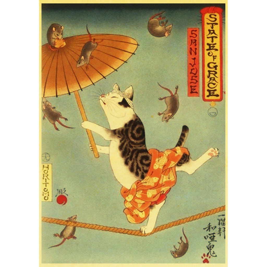 Áp Phích Dán Tường Trang Trí Hình Mèo Samurai Phong Cách Retro