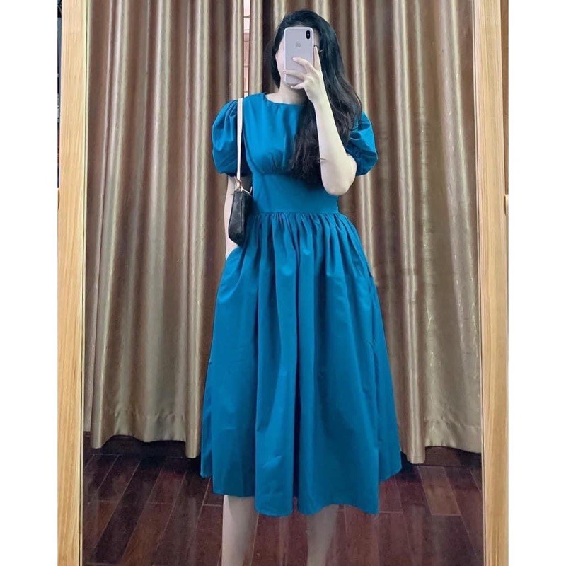 Đầm xanh vintage thô tay bồng dáng xoè nhẹ tiểu thư siêu xinh, Váy kiểu nữ dự tiệc sang trọng bo eo hàng đẹp | BigBuy360 - bigbuy360.vn