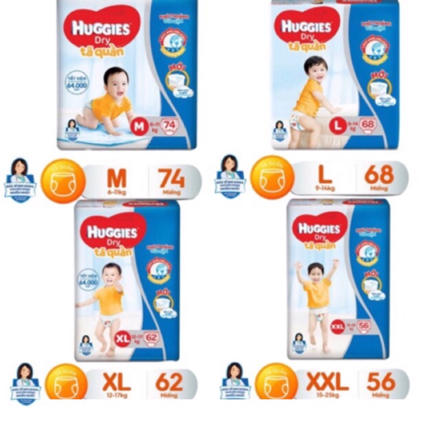 (TẶNG 8 MIẾNG) TÃ QUẦN HUGGIES CỰC ĐẠI M74/L68/XL62/XXL56