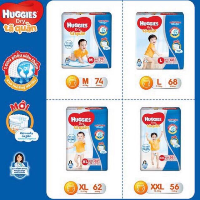 Bỉm Huggies quần/dán đủ size M74/L68/XL62/XXL56(Bao bì mới)