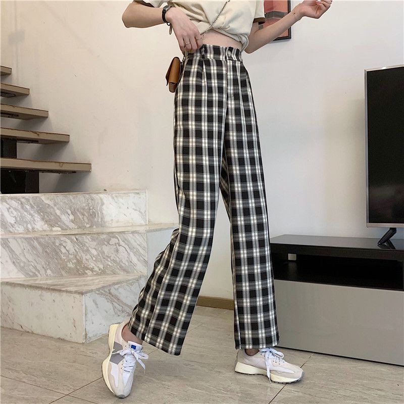 Spring and summer new plaid high waist drape loose and versatile straight-leg pants，cheap borong of Koreanfashion women's clothing readystock 210517