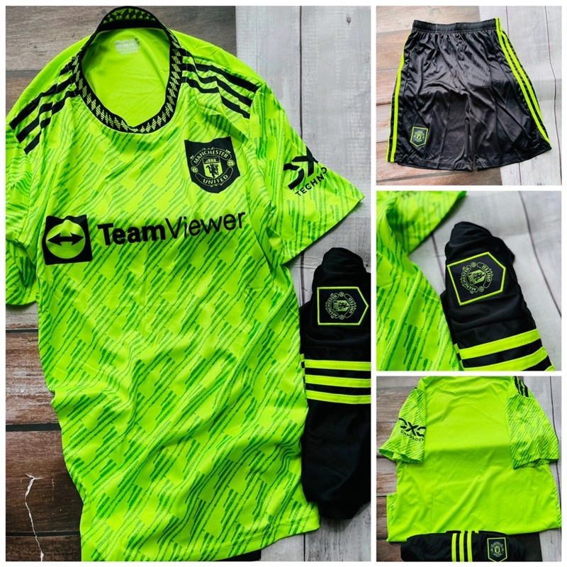 Set bộ quần áo bóng đá vải thun lạnh clb mu manchester united màu xanh lá cây quần đen 2022 2023
