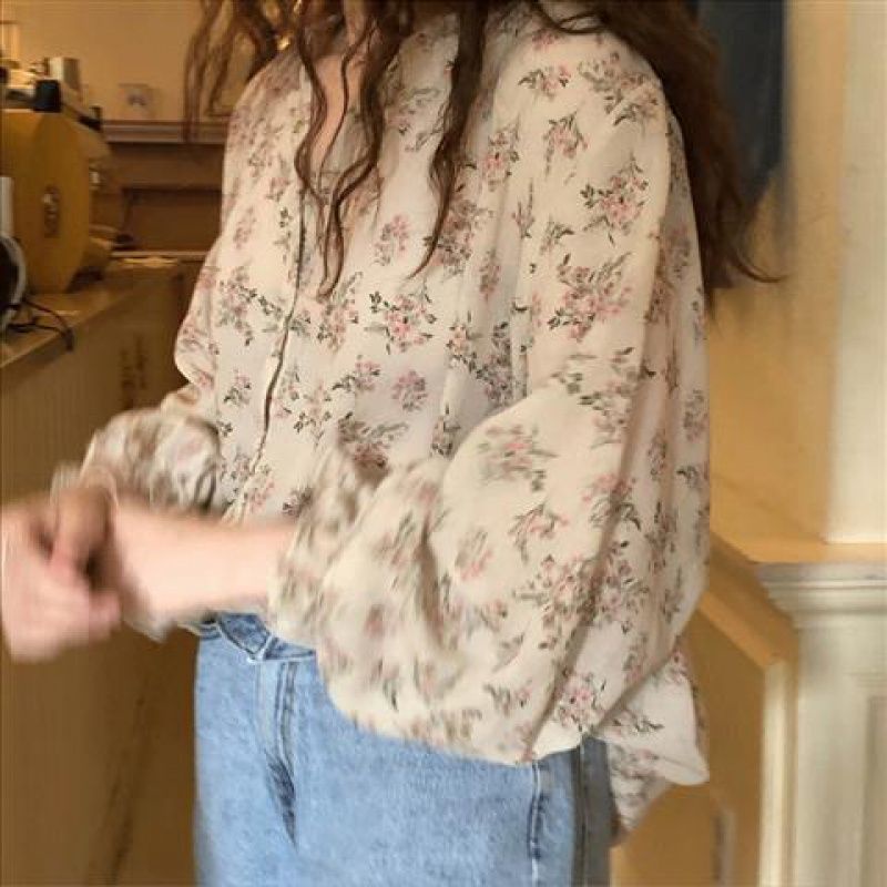 Áo Sơ Mi Chiffon Tay Dài Dáng Rộng In Hoa Phong Cách Retro Dễ Phối Đồ