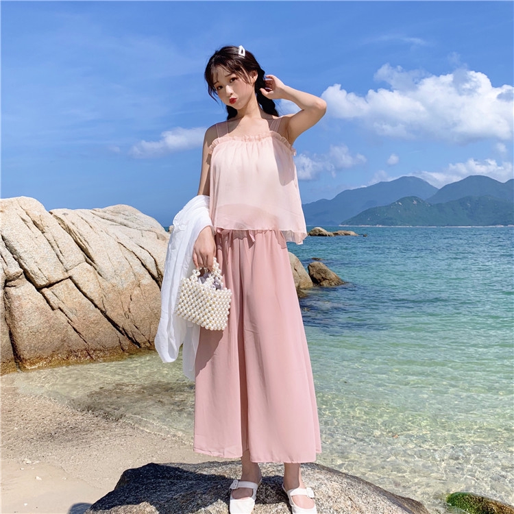 Set Áo Khoác Cardigan Chiffon + Áo Hai Dây + Quần Dài Ống Rộng Thắt Dây Phong Cách Nhật Bản