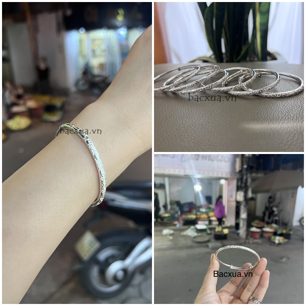 Vòng tay chạm hoa lá nụ sen đặc bạc nguyên chất 99