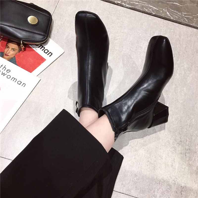 ♠♕European station 2019 autumn and winter new wild high-heeled thick-heeled short boots women s nude side zipper ankle Martin