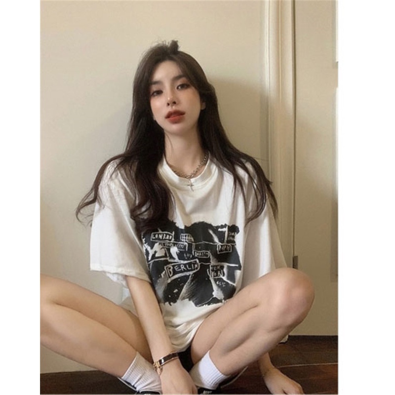 Áo Thun Ngắn Tay Dáng Rộng In Họa Tiết Thời Trang Mùa Hè Hàn Quốc Dành Cho Nữ