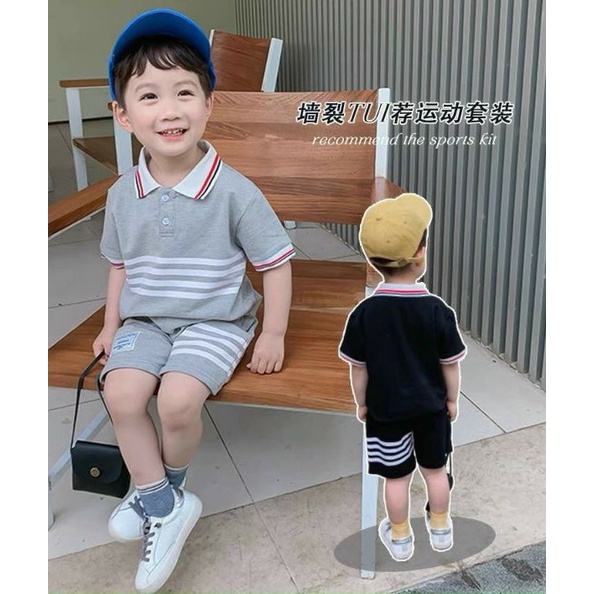 Bộ quần áo bé trai Hàn Quốc, Set Áo Polo và Quần short 4 vạch kẻ ngang công tử cho bé từ 7 đến 18 kg