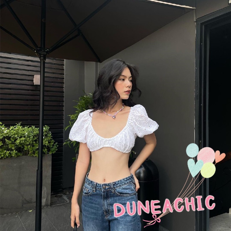 DUNEA Áo Thun Tay Ngắn Phồng Hở Lưng Cổ Chữ U Dành Cho Nữ