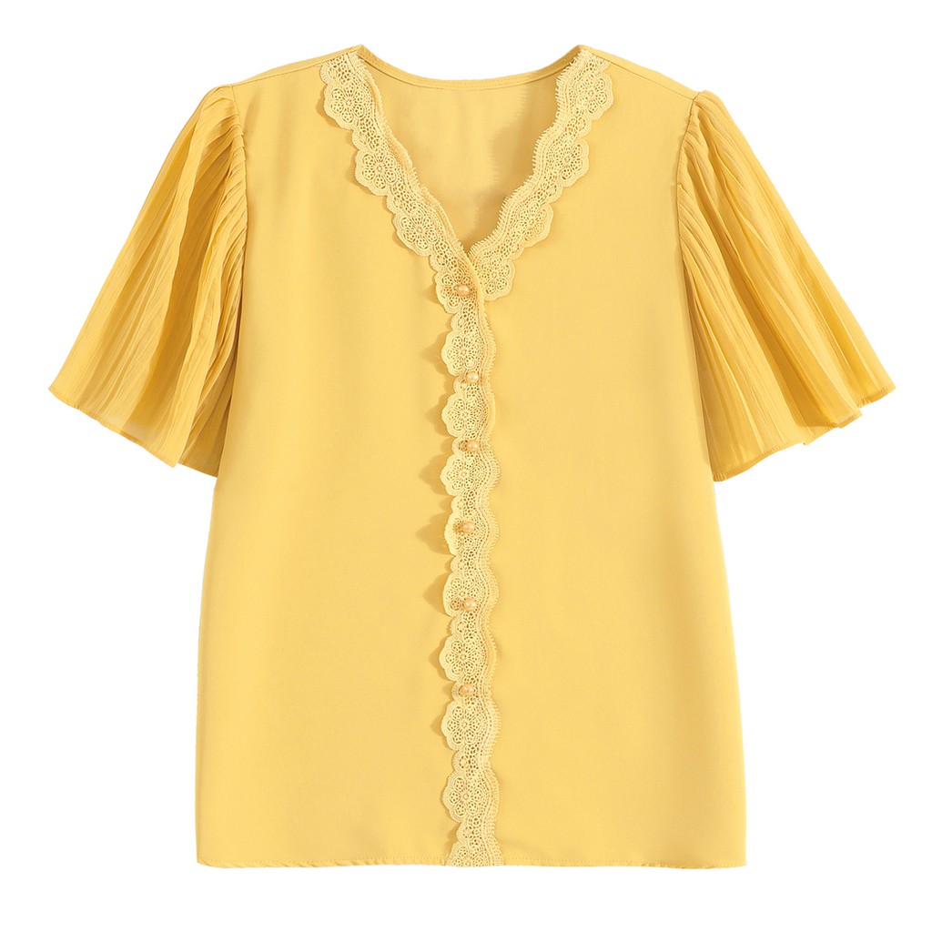 Crochet Lace Patchwork Chiffon Office Shirt Women Pleated Short Sleeve Blouse Pink White Yellow