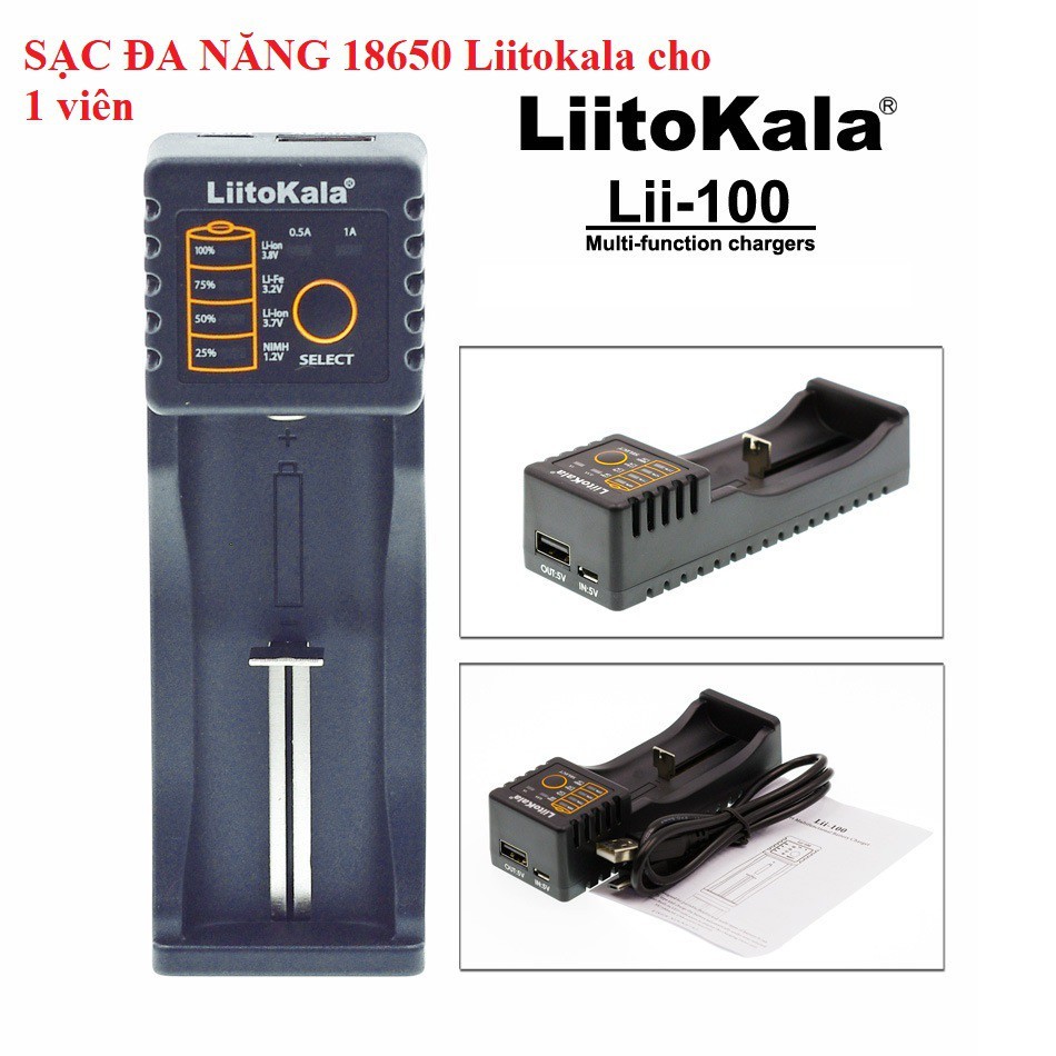 Sạc pin đa năng Liitokala lii-100 một khe pin cho pin 18650, AA, AAA, 26650...