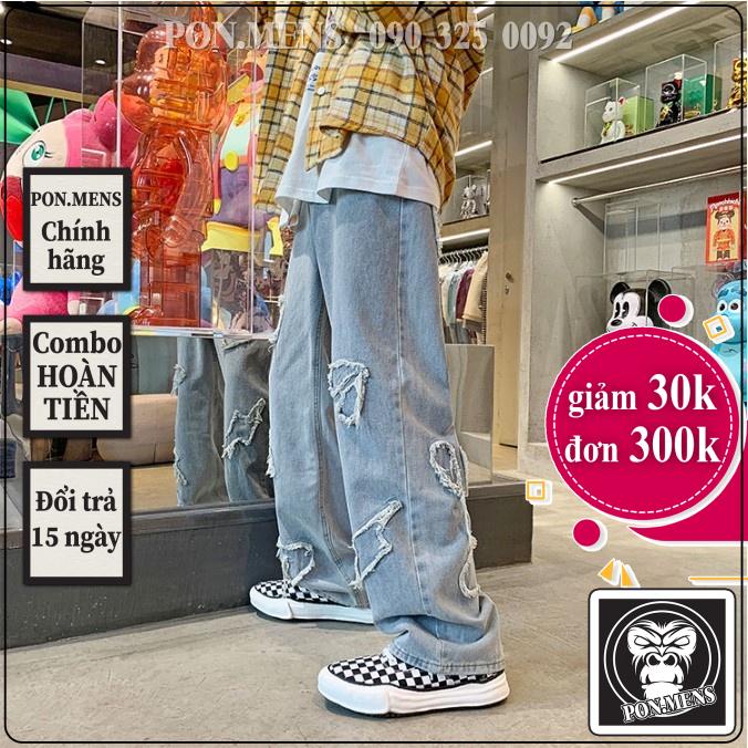 Quần bò ống rộng nam nữ rách gối nhiều màu xanh bạc nhạt đẹp mới hà nội hcm Pon.mens