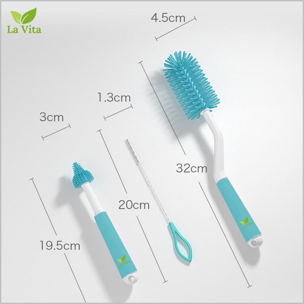 Cọ rửa bình sữa silicon La Vita [CHÍNH HÃNG] cao cấp  3 chi tiết 1 cây cọ bình và 1 cây cọ núm ti Tay cầm xoay 360 độ