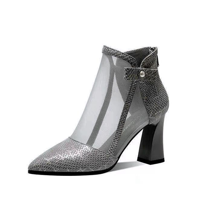 Giày Bốt Cao Gót Mũi Nhọn Bằng Da Mềm Phối Lưới Thời Trang Xuân Hè 2022