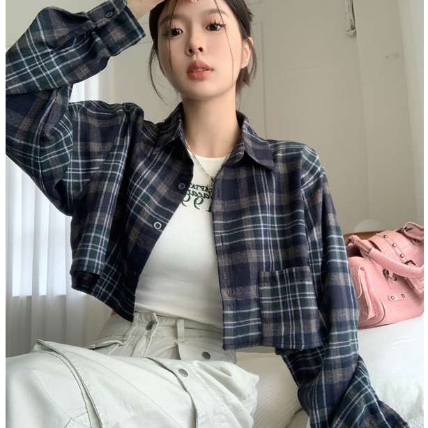 ZHELIHANGFEI Áo Sơ Mi Tay Dài Cổ Bẻ Họa Tiết Sọc Caro Phong Cách Retro