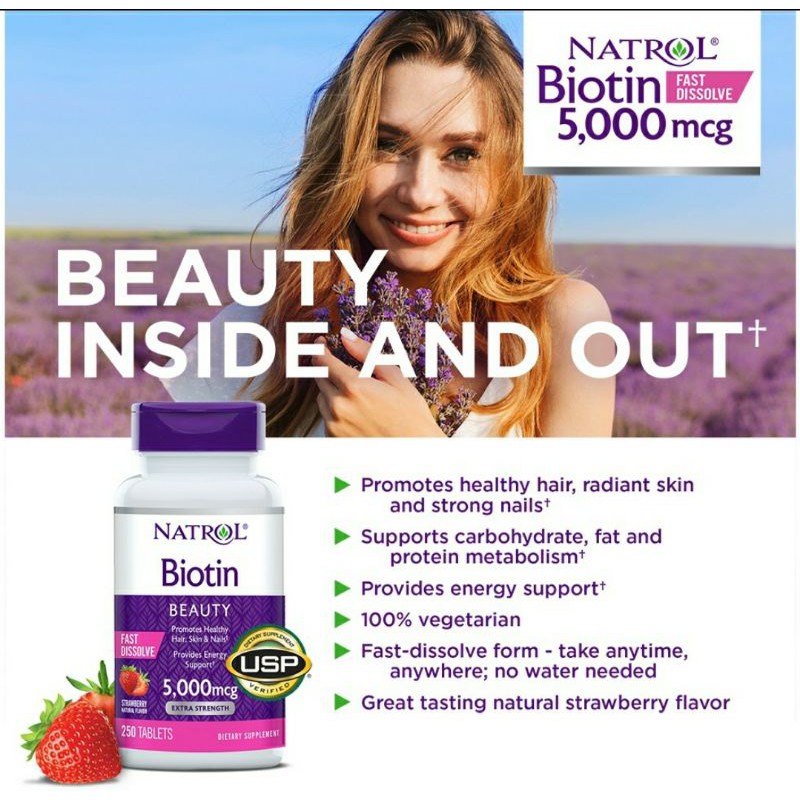 Natrol Biotin Hair Nails Skin 5000mcg 250 viên Mỹ, Hương Dâu