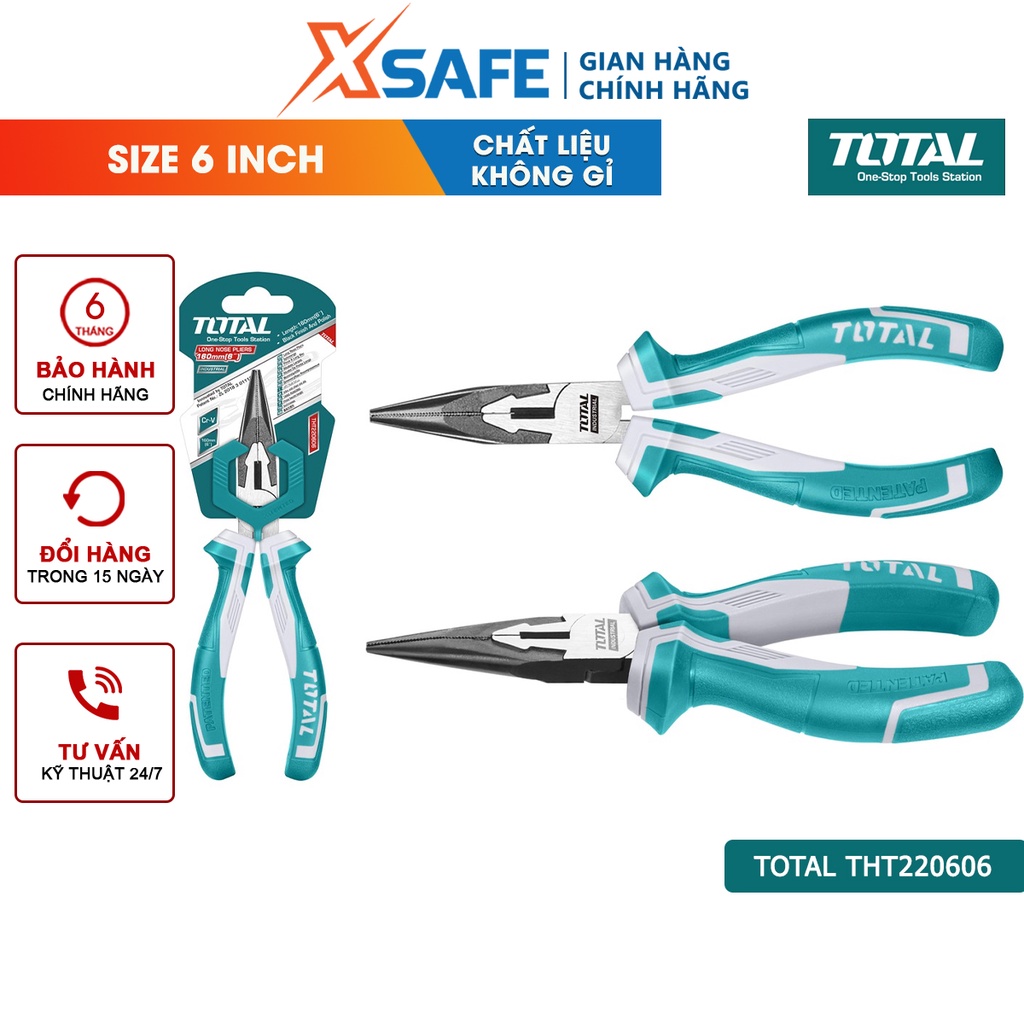 Kìm mỏ nhọn dài TOTAL THT220606 6inch kềm mỏ dài thép Cr-V siêu cứng chống rỉ sét, tay cầm cao su chống trơn trượt
