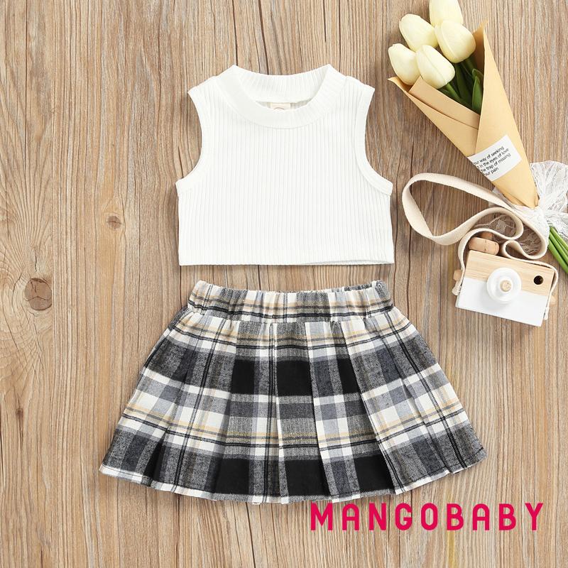 Bộ áo sát nách sọc gân màu trơn và chân váy xếp ly lưng thun sọc caro màu sắc tương phản thời trang cho bé gái