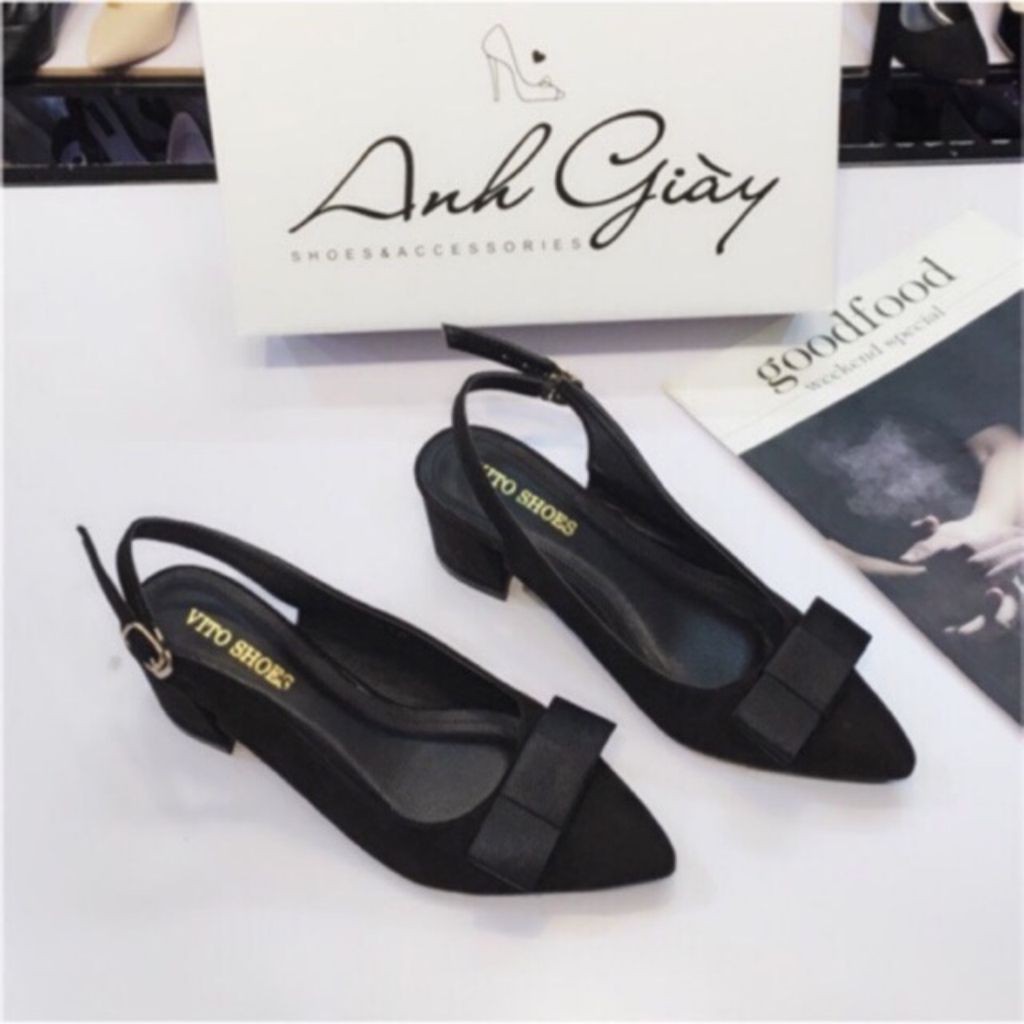 [ Free Ship - Xả Kho 1 Ngày ] Giày Sandal Bít Mũi Hở Gót Có Quai Hậu Mũi  Nữ Đính Nơ Lụa Màu Đen Sang Chảnh - ảnh thật