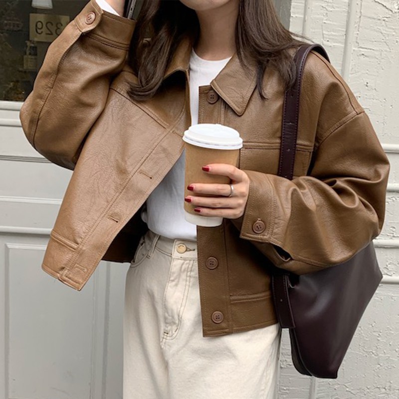 Áo khoác da dáng ngắn 2 màu nâu đen