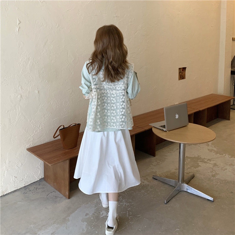 Set Áo Sơ Mi Tay Phồng Kẻ Sọc Caro Thời Trang Mùa Hè Mới Cho Nữ