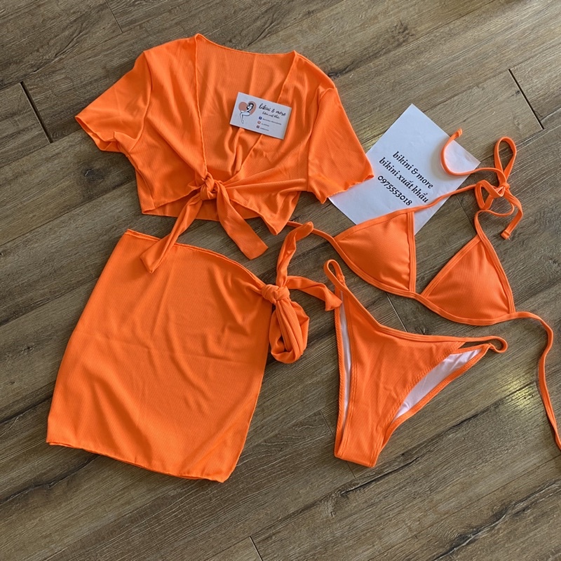[BKN1342] &lt;ÂU&gt; SET BIKINI 4 MÓN VẢI GÂN CAM/ĐEN KÈM ÁO VÀ KHĂN HÔNG