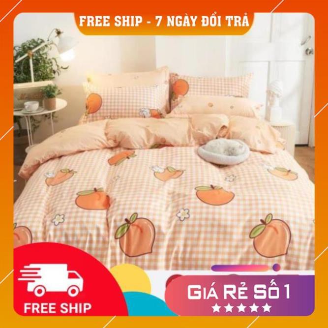 Chăn ga gối cotton poly đào kẻ cam nhập khẩu bộ 4 món Chăn, ga , 2 vỏ gối