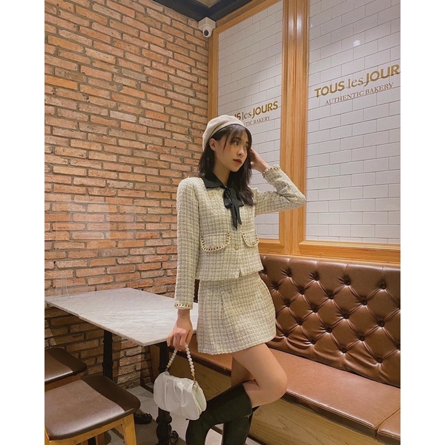 (Ảnh thật) Set dạ tweed thắt nơ tháo rời