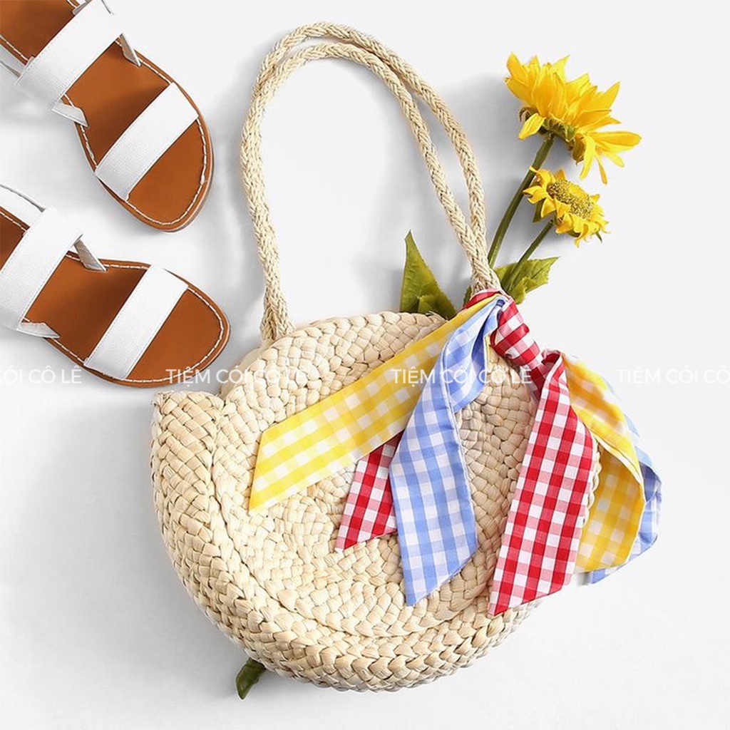 Túi cói tròn kiểu dáng vintage đi biển size 24cm - Tiệm Cói Cô Lê