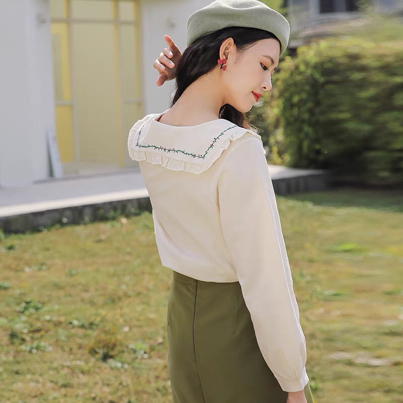 Áo sơ mi - Áo sơ mi cổ thêu phong cách vitager | BigBuy360 - bigbuy360.vn