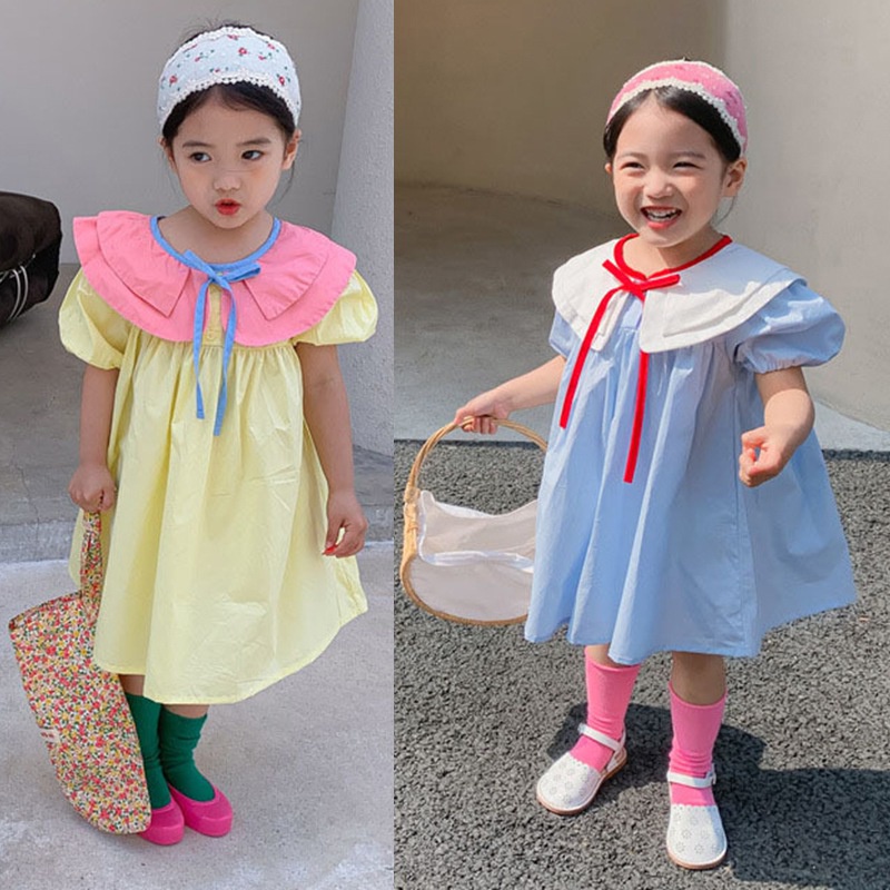 Đầm Công Chúa Tay Phồng Cổ Búp Bê Màu Sắc Tương Phản Thời Trang Mùa Hè Hàn Quốc Cho Bé Gái