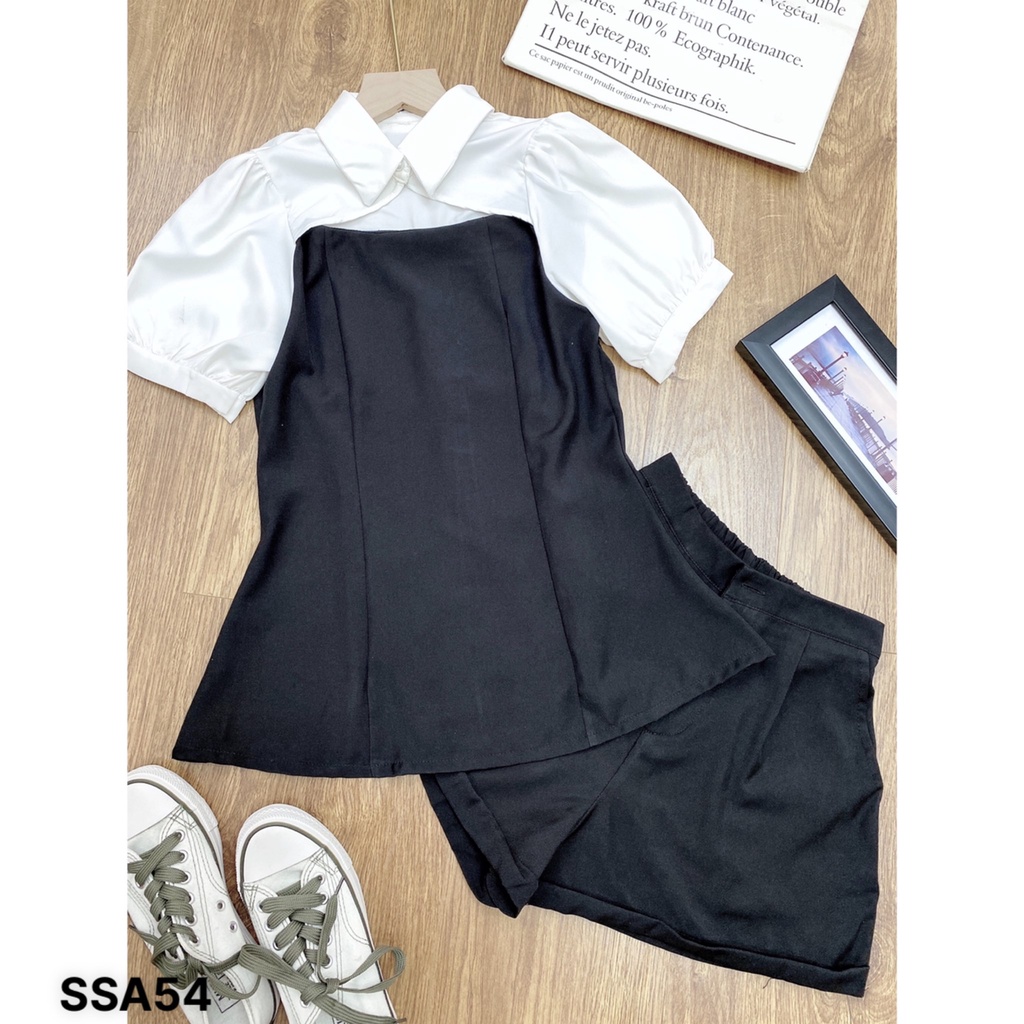 Set short đen áo phối trắng vải mềm mịn cao cấp Chibest SSA54