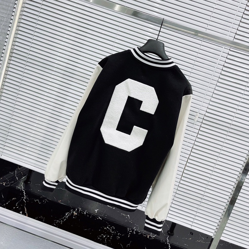 Áo khoác bomber dạ nam nữ tay da phối thêu chữ C xù bông hai mặt bo chun 2 lớp lót gió trong ấm áp